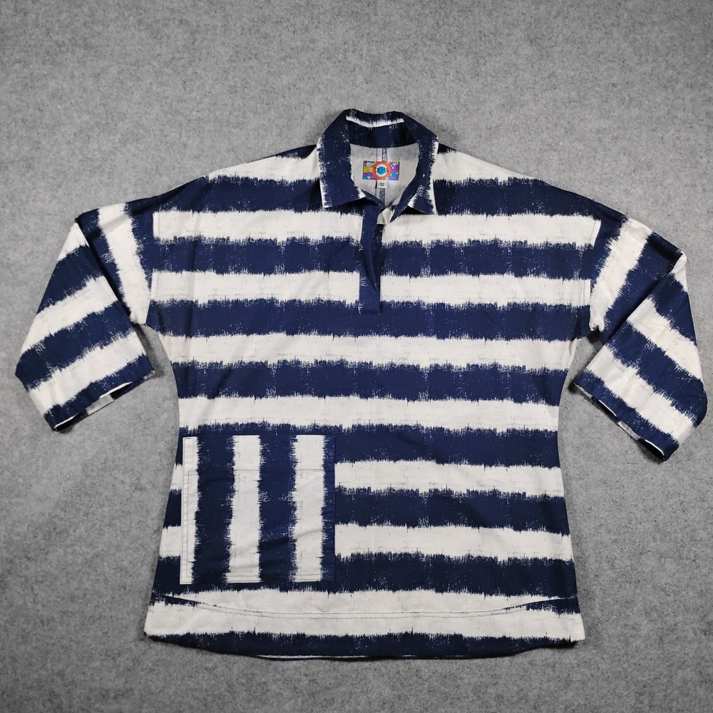 Dema Stripe Long Sleeve Polo Shirt Womens Size S Blue White Drop Shoulder Cotton